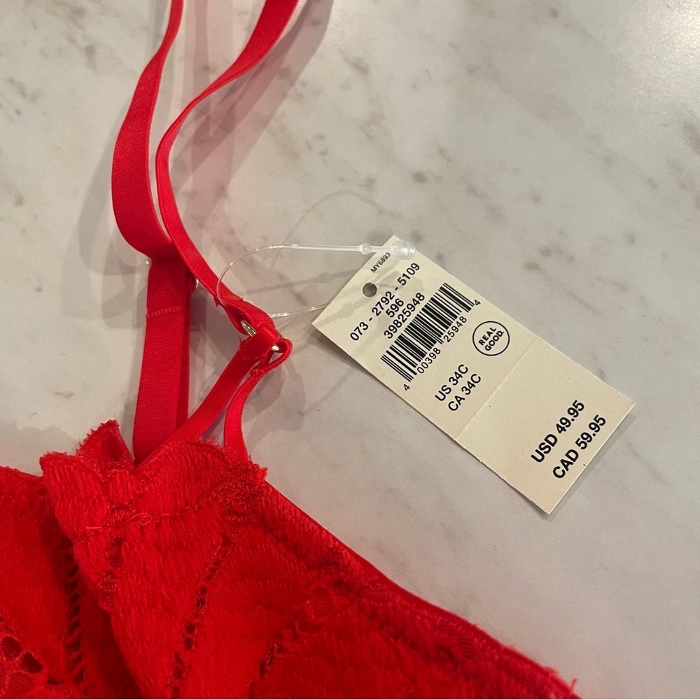 Aerie Red and Gold Lace Balconette Bra with Underwire and Scalloped Trim - Picture 6 of 12